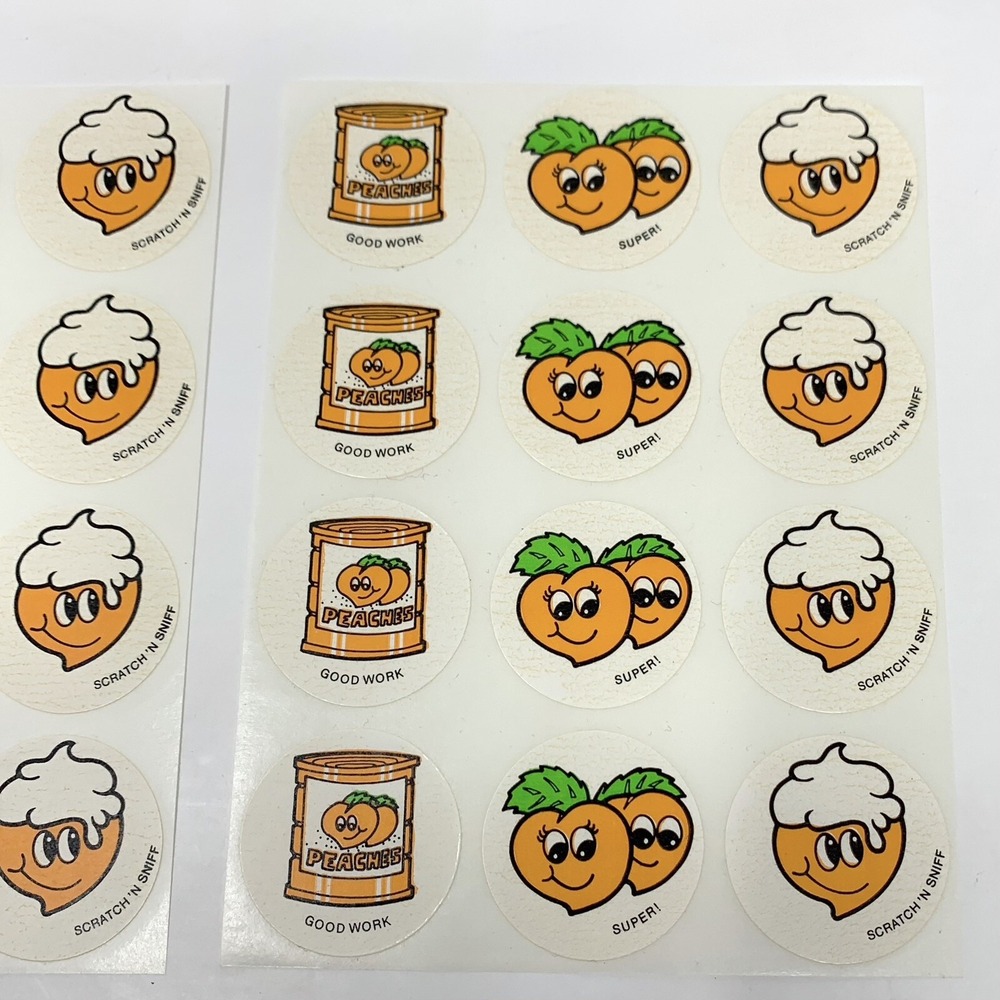 Vintage 1980s CTP Scratch N Sniff Sniffys Peach Stickers 2 Full Sheets/24 pc - Picture 3 of 5